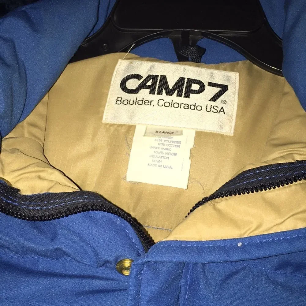Vintage Blue USA Down Camp 7 snap front travel winter vest jacket retro XL (L)
